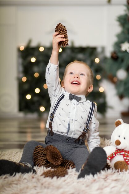 Portret van een klein jongensspel met denneappels dichtbij een Kerstboom