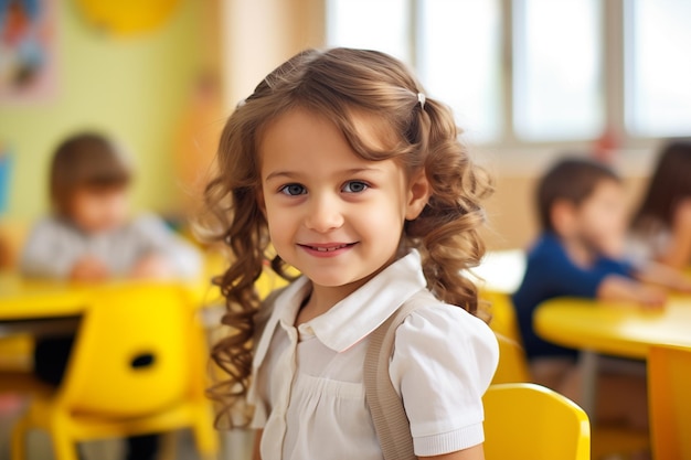 Foto portret van een klein meisje in de kleuterschool kinderen die met educatief speelgoed spelen