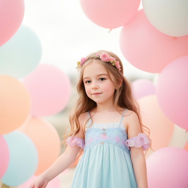 Foto portret van een klein meisje in een blauwe jurk op de achtergrond van ballonnen