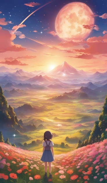 Portret van een klein meisje met bloemen rond de tuin Achteraanzicht Anime en cartoon-stijl