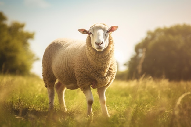 portret van een klein schattig lammetje in het veld bij zonlicht