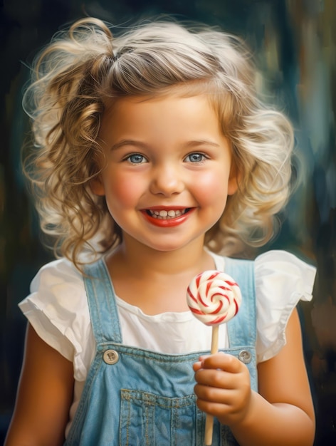 Portret van een klein vrolijk meisje in een blauwe spijkerbroekjurk met krullend haar die een ronde veelkleurige lolly vasthoudt