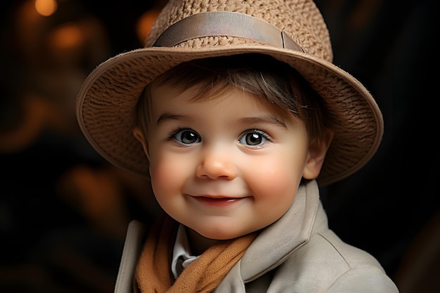 Portret van een kleine glimlachende schattige jongen met mooie ogen die een stijlvolle modieuze hoed draagt