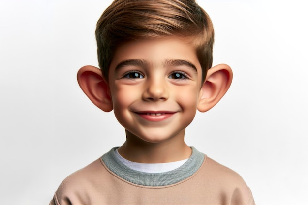 Portret van een kleine jongen die glimlacht met zeer grote oren geïsoleerd op een stevige witte achtergrond ai generatief