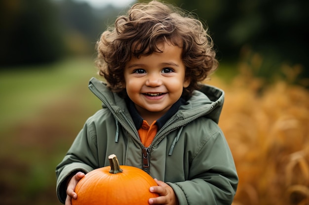 Portret van een kleine jongen die pompoenen vasthoudt op een veld