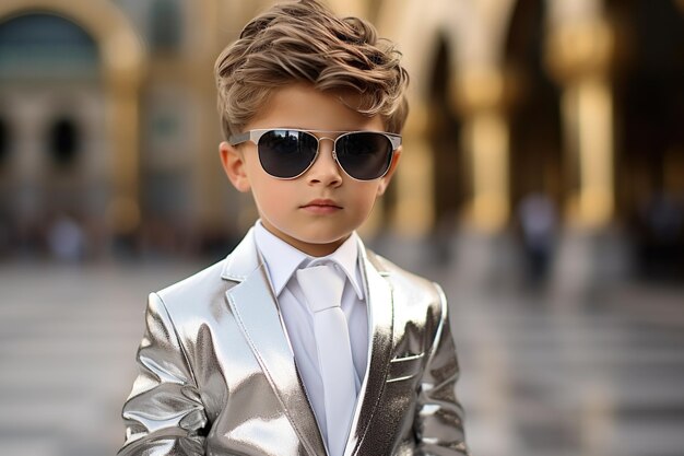 Foto portret van een kleine jongen in een glanzend pak en zonnebril