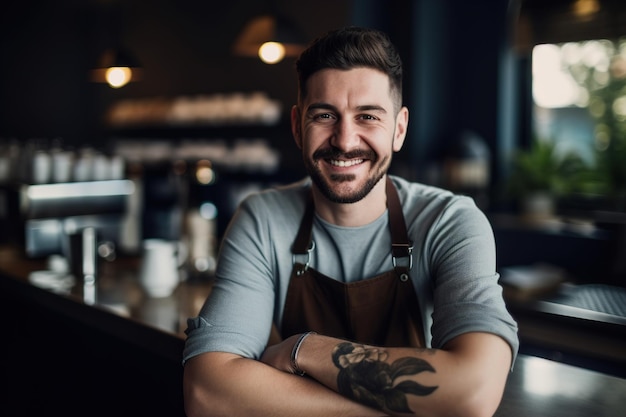 Portret van een kleine ondernemer in zijn eigen generatieve ai in een coffeeshop