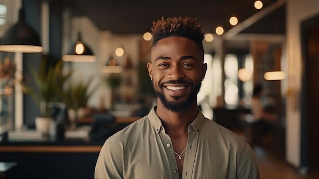 Portret van een knappe Afro-Amerikaanse man die glimlacht in een café Generatieve AI