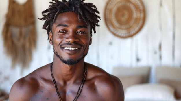 Foto portret van een knappe afro-amerikaanse man met dreadlocks die naar de camera glimlacht