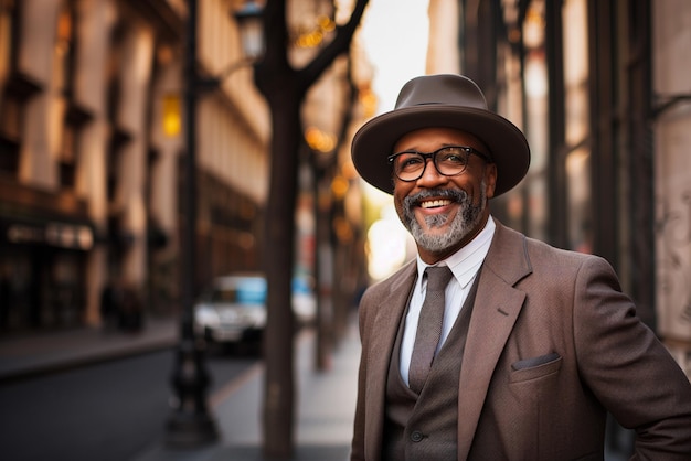 Portret van een knappe baarde senior Afro-Amerikaanse zakenman dokter bankier die op straat loopt