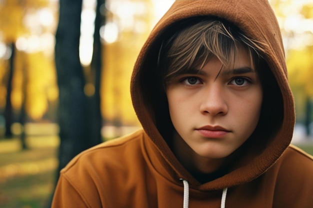 Portret van een knappe blonde jongen in oranje hoody tegen de gele herfstappelboom Generatieve AI