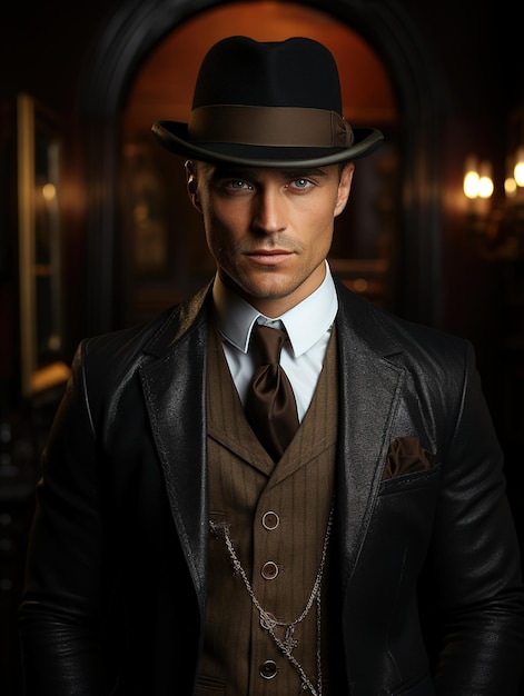 portret van een knappe felle Italiaanse maffia man met elegante en mannelijke klassieke stijl