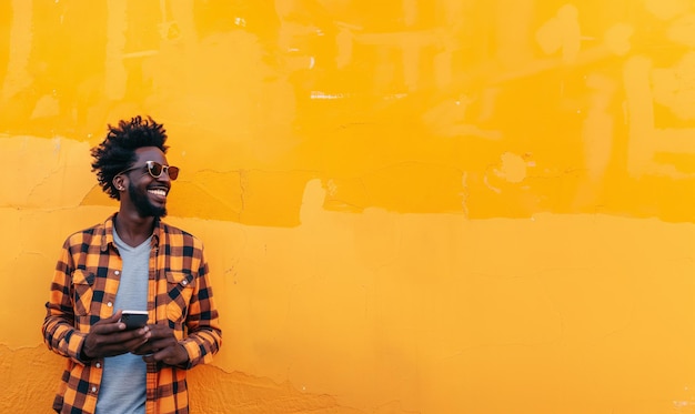 Portret van een knappe glimlachende afro man met zijn mobiele telefoon