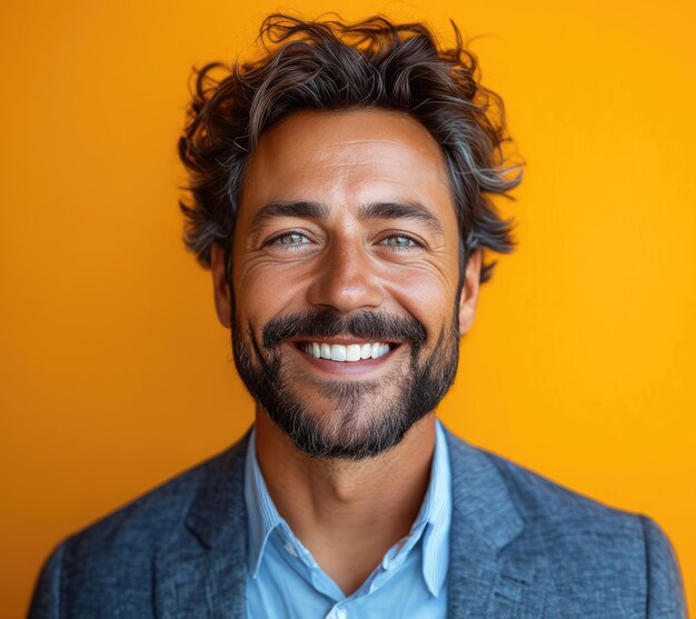 Portret van een knappe glimlachende zakenman met een pak in een professionele studio achtergrond
