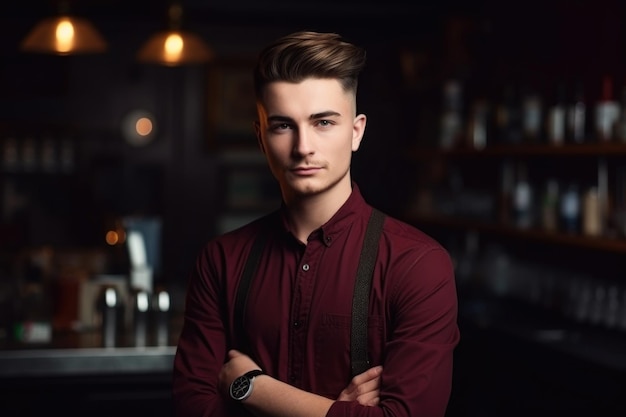 Portret van een knappe jonge barista die poseert met zijn handen op zijn heupen gemaakt met generatieve ai