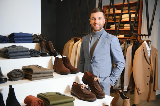 Portret van een knappe jonge man die schoenen koopt in de winkel