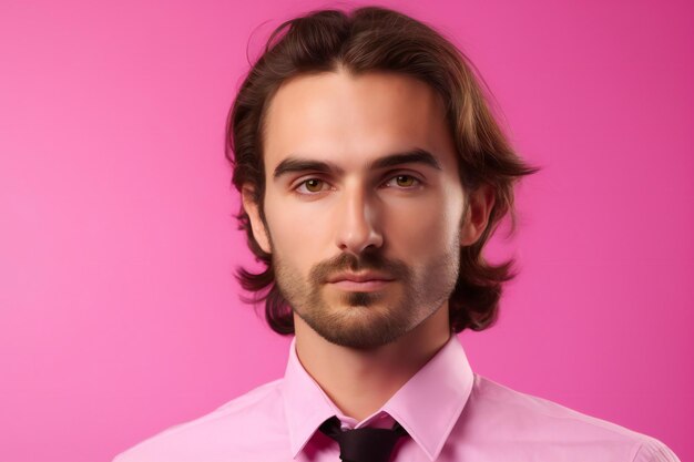 Portret van een knappe jonge man in overhemd en stropdas op roze achtergrond
