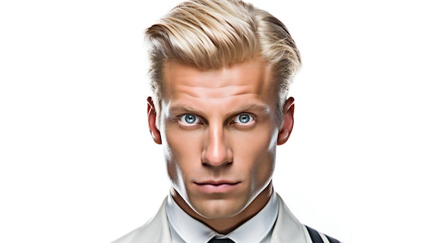 Foto portret van een knappe jonge man met blond haar geïsoleerd op een witte achtergrond