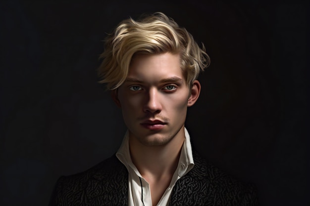 Portret van een knappe jonge man met blond haar op zwarte achtergrond