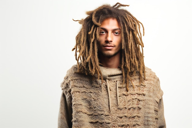 Foto portret van een knappe jonge man met dreadlocks op een witte achtergrond