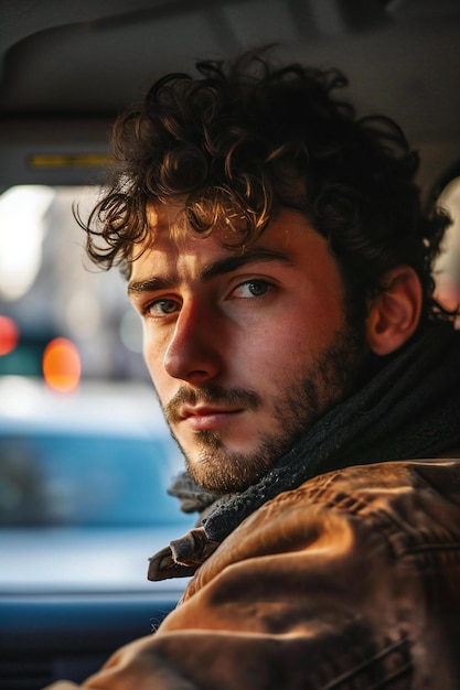 Foto portret van een knappe jonge man met krullend haar in een auto