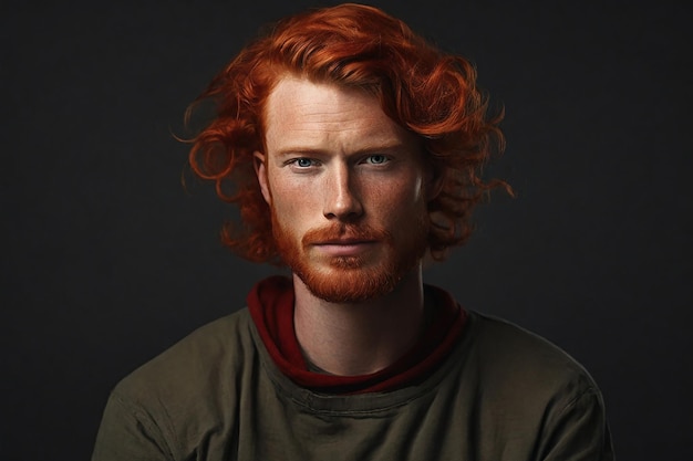 Portret van een knappe jonge man met rood haar op een donkere achtergrond