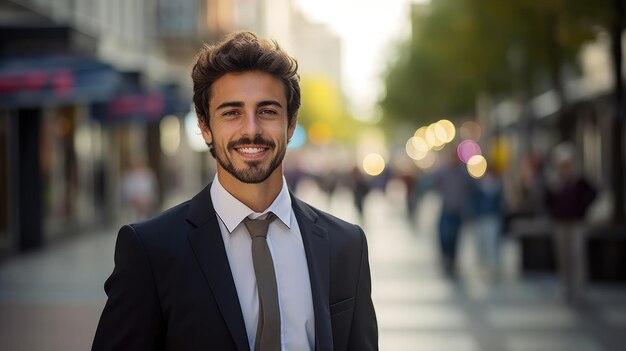 Portret van een knappe jonge zakenman die voor een kantoorgebouw staat