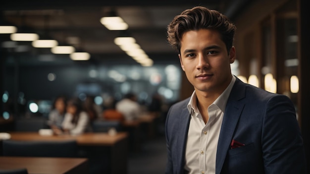 Foto portret van een knappe jonge zakenman in het kantoor een zakenman die naar de camera kijkt