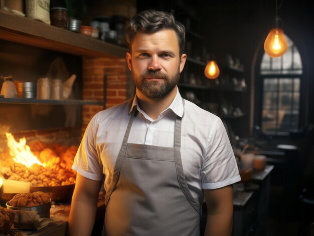 Portret van een knappe jongeman met schort in een bakkerij Generatieve AI