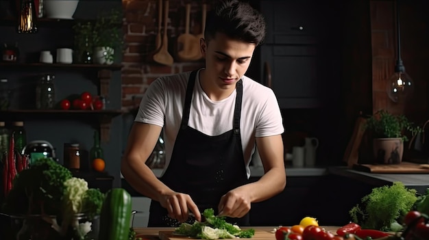 Foto portret van een knappe man die groenten snijdt jonge man die salade voorbereidt