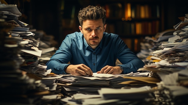 portret van een knappe man met een stapel papieren documenten op de werkplek