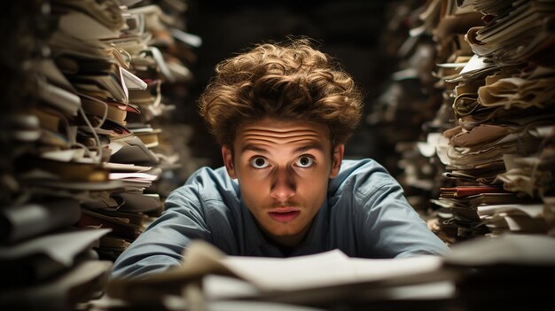 portret van een knappe man met een stapel papieren documenten op de werkplek