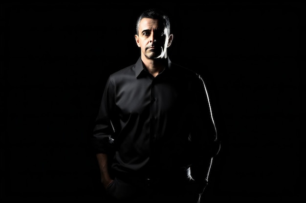 Portret van een knappe man met een zwart shirt op een zwarte achtergrond