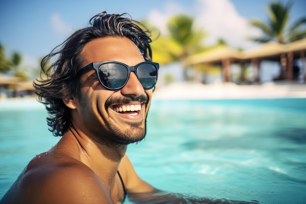 Portret van een knappe man op een paradijselijk strand dat uit het water komt