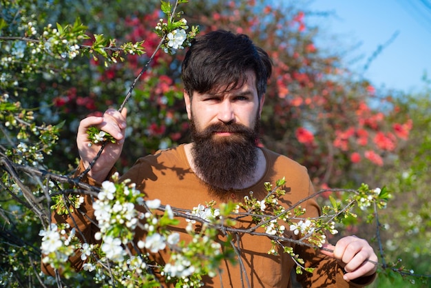 Foto portret van een knappe man tegen de achtergrond van de bloesemlente