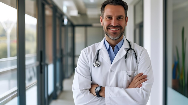 portret van een knappe mannelijke dokter in een moderne kliniek lichte glimlach oprechte