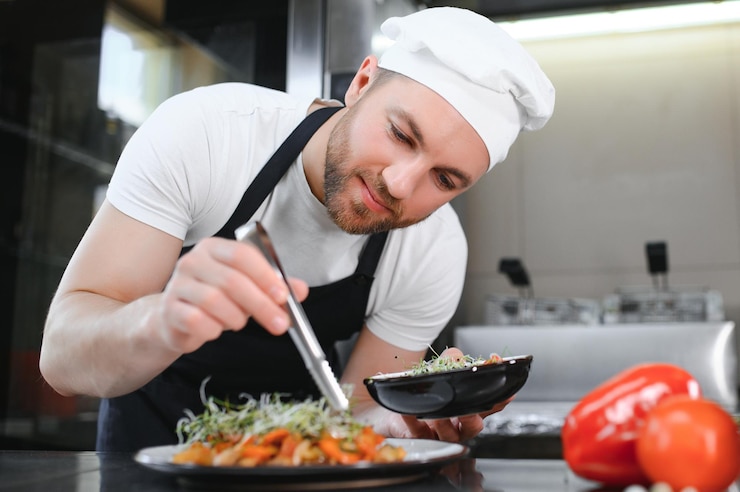Foto portret van een knappe positieve chef-kok in de keuken van het restaurant