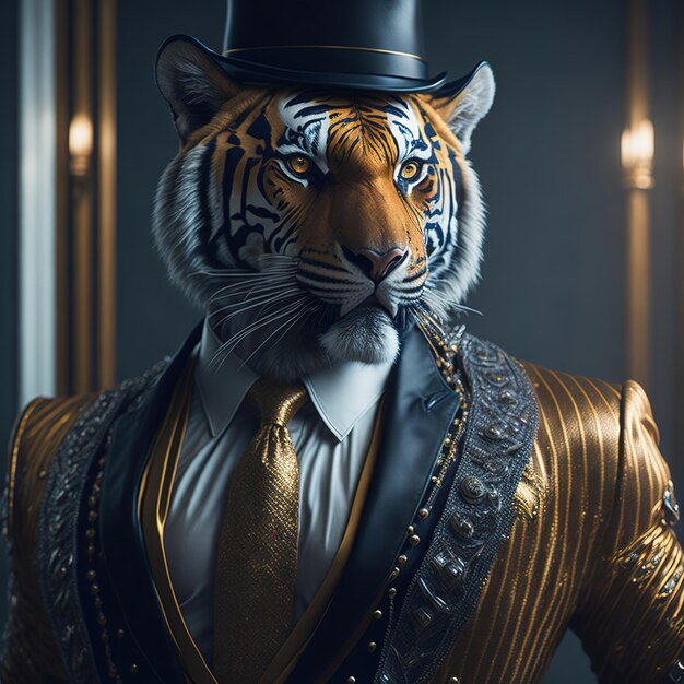 Foto portret van een knappe tijger in hoed en kostuum