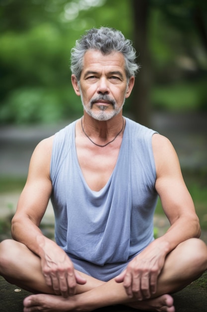Portret van een knappe volwassen man die buiten yoga doet