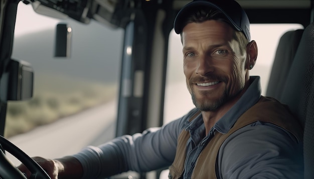 Portret van een knappe volwassen man die lacht tijdens het besturen van een vrachtwagen op de snelweg Generatieve AI