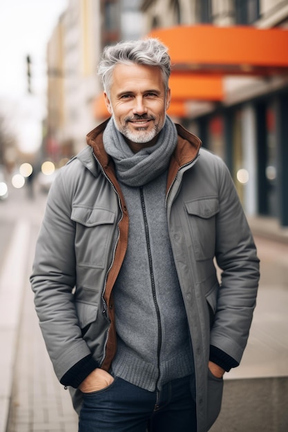 Portret van een knappe volwassen man in casual kleding op een straat in de stad