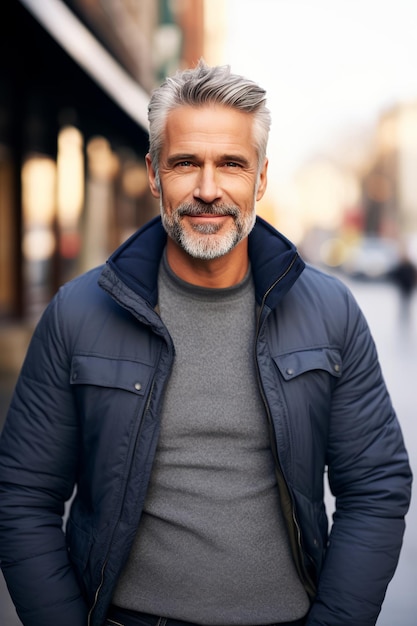 Portret van een knappe volwassen man in casual kleding op een straat in de stad