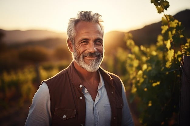 Portret van een knappe volwassen man in een wijngaard bij zonsondergang