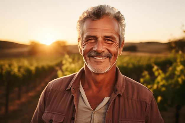 Portret van een knappe volwassen man in een wijngaard bij zonsondergang