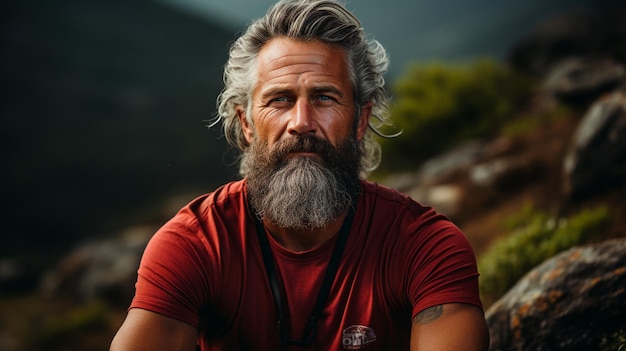 portret van een knappe volwassen man met baard in een stijlvol wit T-shirt met een baard in het midden van de stad die naar de camera kijkt