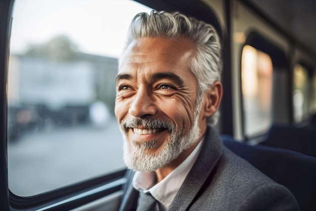Portret van een knappe zakenman van middelbare leeftijd die glimlacht en wegkijkt in de bus Generatieve AI
