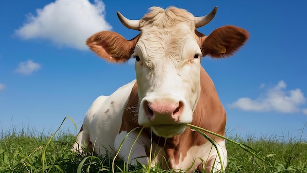 Portret van een koe op groen gras met blauwe lucht