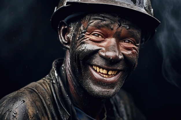 Portret van een kolenmijnwerker op donkere achtergrond Man met vuil gezicht in een ondergrondse mijn