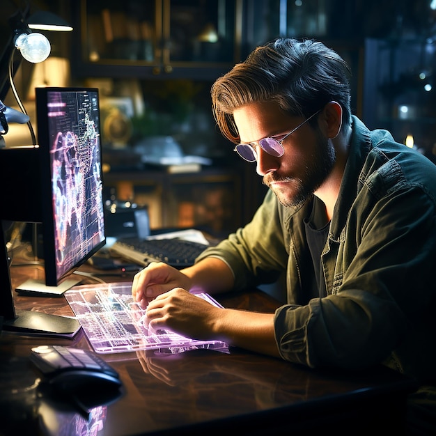 Portret van een kunstenaar die in zijn studio werkt gegenereerd door AI