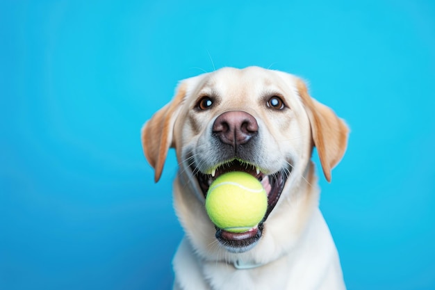 Portret van een labrador met een tennisbal die vreugde en speelsheid uitstraalt op een blauwe achtergrond
